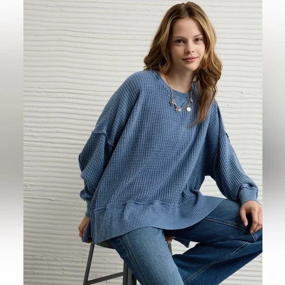 American Eagle Big Hug Crew Neck Waffle Shirt - Picture 1 of 10